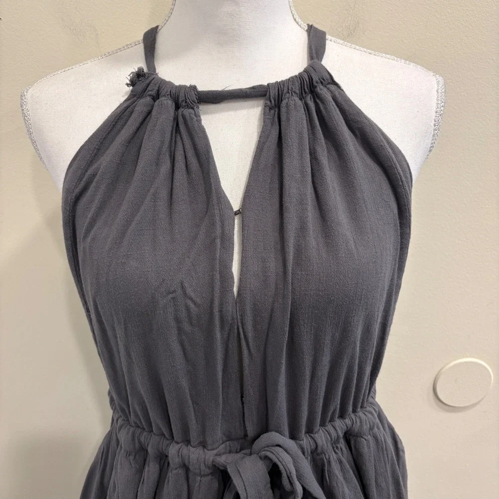 Free People Spring Love Midi Dress Carbon Gray Halter Open Back Pom Trim XS Boho